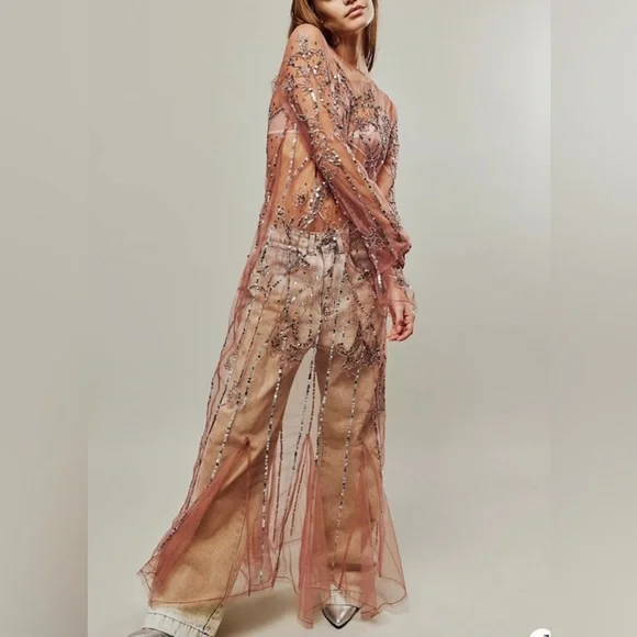 free people sequin maxi dress Free People Gorgeous Sequin Maxi Dress With Slit And Adjustable Stripes Sz.M